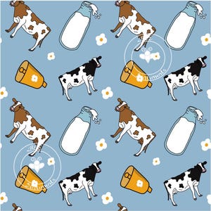 Seamless Cow and Milk Pattern – Cute Dairy Farm Digital  | Blue Background | Kawaii Milk Bottle, Cowbell