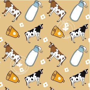 Seamless Cow and Milk Pattern – Cute Dairy Farm pattern | Blue Background | Kawaii Milk Bottle, Cowbell