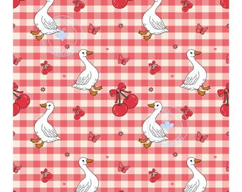 Coquette Goose & Cherries Seamless Pattern | Pink Gingham Background | Cute Farm Animal | checkered design, (gingham collection)