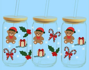 Christmas Teddy Bear glass can wrap 16 oz. NO white base.