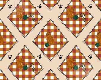 Tabby Cat Seamless Pattern, Cat Yarn Ball Patchwork, Green Yarn Cat Fabric, Cute Kitty Sewing Pattern png, Cat Lover Fall Pattern