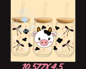 Coquette Kawaii Cow Pattern glass can wrap 16 oz. NO white base.