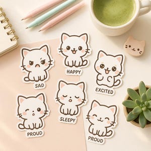 Kawaii Mood Cat Sticker: Blushy Chibi PNG für Planer (Digitaler Download)