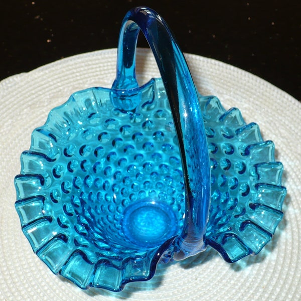 Vintage Collectible Fenton Hobnail Blue Glass Basket