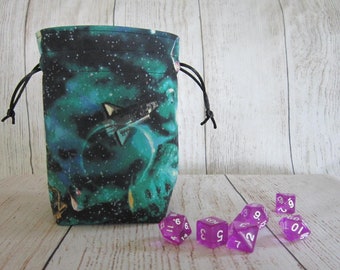 Space Shuttle Dice Bag, Space Dice Pouch, Stand-Up Dice Bag, Drawstring Bag, Green Dice Bag, Nerdy Christmas Gift, Gifts for Geeks