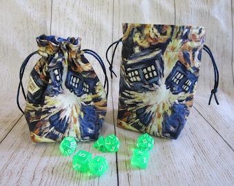 Exploding T.A.R.D.I.S., TARDIS Dice Bag, D&D Dice Bag, Doctor Who Dice Pouch, Drawstring Bag, Van Gogh Dice Bag, RPG Dice Bag, Blue Dice Bag