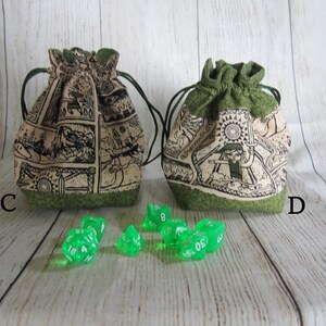 May include: Two green drawstring bags with a beige fabric featuring a black and white print. The bags are labeled "C" and "D". Green dice are scattered in front of the bags.