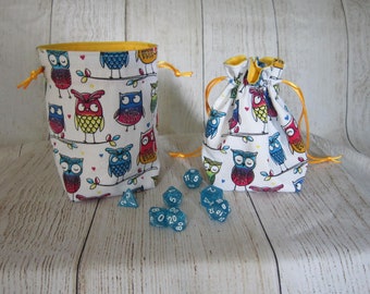 Owls Dice Bag, Cute Dice Pouch, Drawstring Bag, Stand-up Dice Bag, Owly Dice Pouch, Cartoon Owls Bag, RPG Bag, D&D Dice Pouch