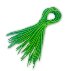 May include: A bunch of long, thin, green string beans tied together.
