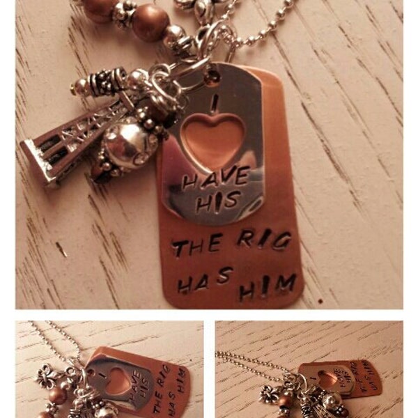 Copper & Silver Hand Stamped Oilfield Wife Rig Has Him Necklace