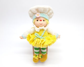 Vintage Handmade Crochet Doll - Mid Century Toys - Goldilocks Yellow Plush Dolly Freckles