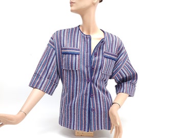 Vintage Woven Lightweight Striped Top - 3/4 Sleeve - Button Up
