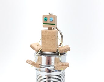 TINY Handmade Robot Keychain - Reclaimed Hardwood - Natural