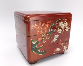 Vintage Japanese Jubako Box Jewelry Trinket Box 3 Tier Floral Blossoming Blossom Boho