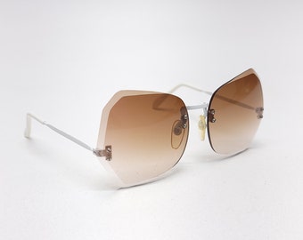 70s Vintage Sunglasses Rimless Gradient Lens Gold Tone White Metal Butterfly Big Oversized Boho Disco Witch Gothic Taiwan