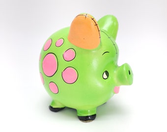 Vintage Wales Piggy Bank Neon Chalkware Coin Pig Psychedelic Pink Green Made in Japan Boho Retro