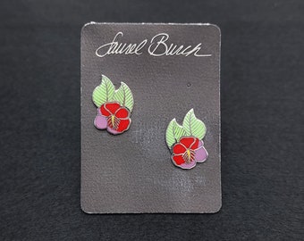 Laurel Burch "Hibiscus" Red Post Earrings, Silver Tone Rhodium Plated Cloisonné, 1980s Vintage Jewelry