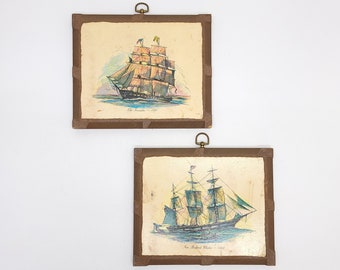 Mid Century Nautical Wood Art - New Bedford Whaler 1842 & Old Iornsides 1797 - Decoupage Wall Plaque