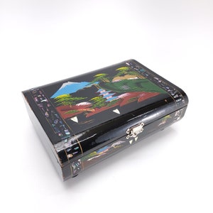 Vintage Japanese Music Jewelry Box Black Lacquer Pink Lining Abalone Shell Inlay Mt. Fuji Mirrored Makeup Vanity MCM 1950's image 9