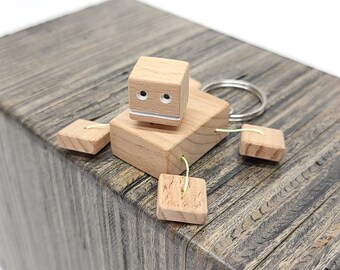 TINY Handmade Robot Keychain - Reclaimed Hardwood - Natural