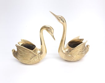 Vintage Brass Swan Planters, Mated Pair, Succulent, Cactus, Mid Century Water Fowl