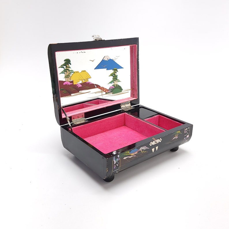 Vintage Japanese Music Jewelry Box Black Lacquer Pink Lining Abalone Shell Inlay Mt. Fuji Mirrored Makeup Vanity MCM 1950's image 1