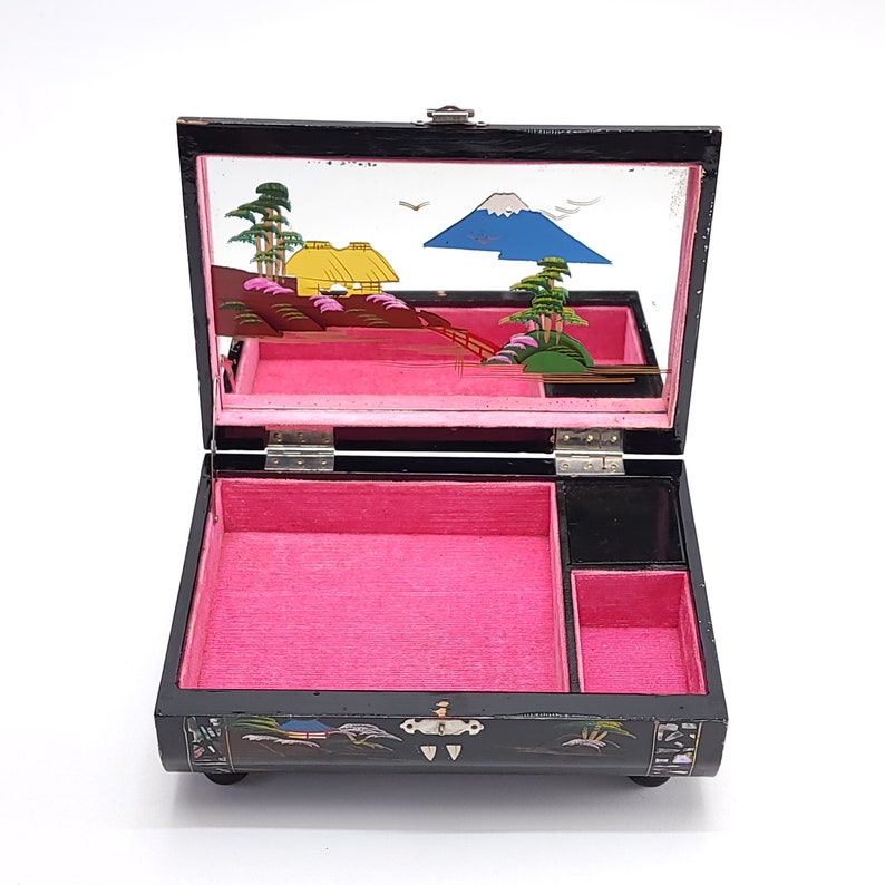 Vintage Japanese Music Jewelry Box Black Lacquer Pink Lining Abalone Shell Inlay Mt. Fuji Mirrored Makeup Vanity MCM 1950's image 2