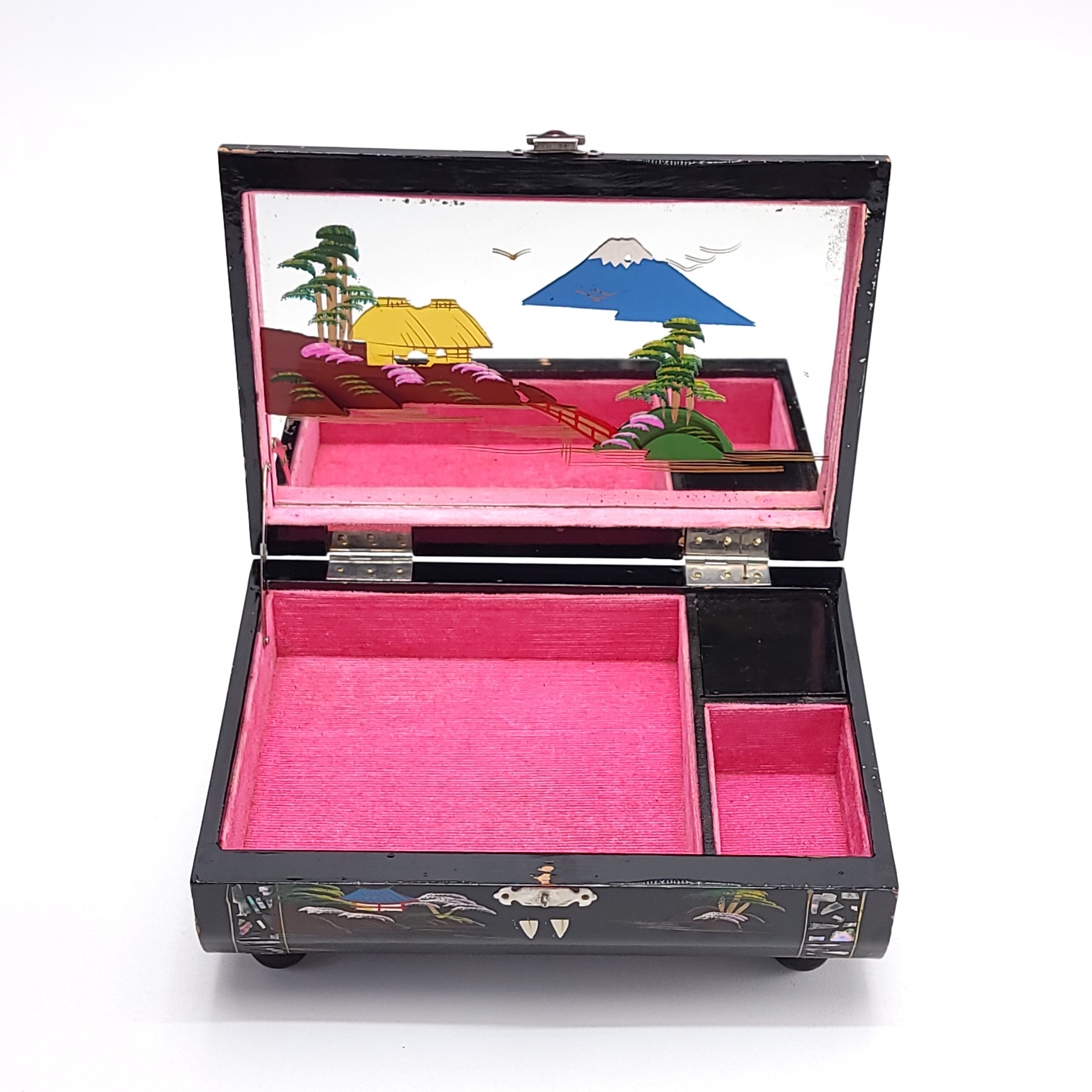 Vintage Japanese Music Jewelry Box Black Lacquer Pink Lining