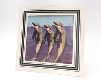 Vintage Carnival Prize Picture Dolphins, Fair Prize Print, Marine Mammals, Flipper, 8 in. x 8 in.