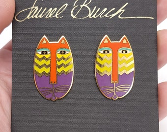 Laurel Burch Native Cats Post Earrings Gold Tone Rhodium Plated Cloisonné 1990s Vintage Jewelry