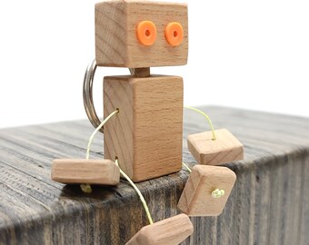 TINY Handmade Robot Keychain - Reclaimed Hardwood - Natural