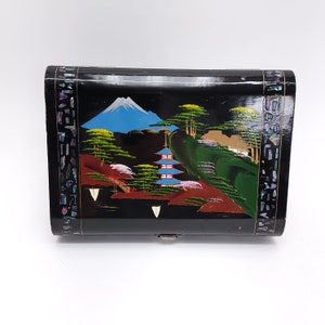 Vintage Japanese Music Jewelry Box Black Lacquer Pink Lining Abalone Shell Inlay Mt. Fuji Mirrored Makeup Vanity MCM 1950's image 8