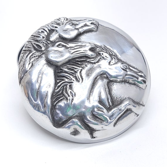 Vintage Equestrian Jewelry Box, Round Silver Meta… - image 2