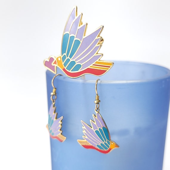 Laurel Burch Celeste Bird Earrings Gold Cloisonne… - image 3
