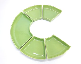 Vintage Santa Anita Ware 5 Piece Avocado Green Ceramic Serving Dishes, Atomic, 1950’s,  MCM, Wedge, Modular Party Platter