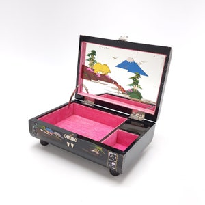 Vintage Japanese Music Jewelry Box Black Lacquer Pink Lining Abalone Shell Inlay Mt. Fuji Mirrored Makeup Vanity MCM 1950's image 3