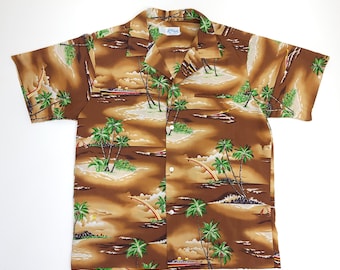 Vintage Kole Kole Hawaiian Shirt Short Sleeve Button Up Bronze & Brown Green Palm Tree Ship Boat Print Men's Large