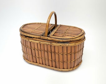 Bamboo Hinged Basket with Handle - Handmade Vintage - Garden Basket - Hand Nailed - Woven