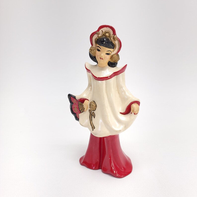 Ceramic Geisha Girl Florence 1950's Red & Gold Beautiful image 1