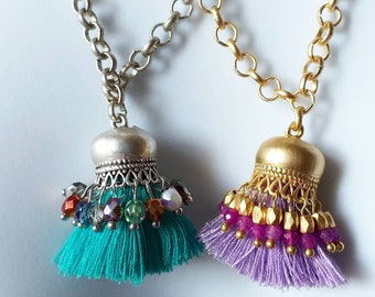Purple or Turquoise Beaded Tassel Necklace on 20 Inch Chain With Heart Toggle Clasp