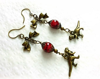 Little Creatures! Dinosaurs with Bows and Red Glass Bead Earrings! SO SWEET!
