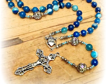 Natural Blue Teal Striped Agate and Crystal Gemstone Rosary - Sacred Heart