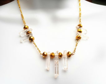 Icy Clear Quartz Crystal Points Pendant Necklace