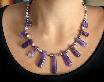 Graduated Amethyst Pillar Gemstone and Freshwater Pearl Statement Necklace