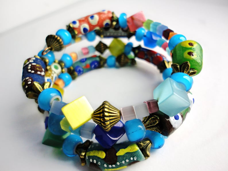 African Fancy Eye Twister 3 Layer Wrap Bracelet With Handmade African Krobo Trade Beads image 5