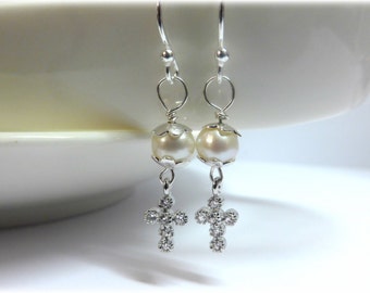 Sparkly Cross and Pearl and Sterling Silver Earrings - Freshwater Pearl, Sterling Silver and Tiny Diamante Rhinestone Cross Earrings.