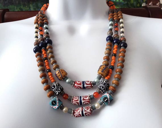 Lot De 3 Colliers Vintage En Perles De Verre Millefiori Africaines Krobo - Art Tribal Du Ghana, Occasion