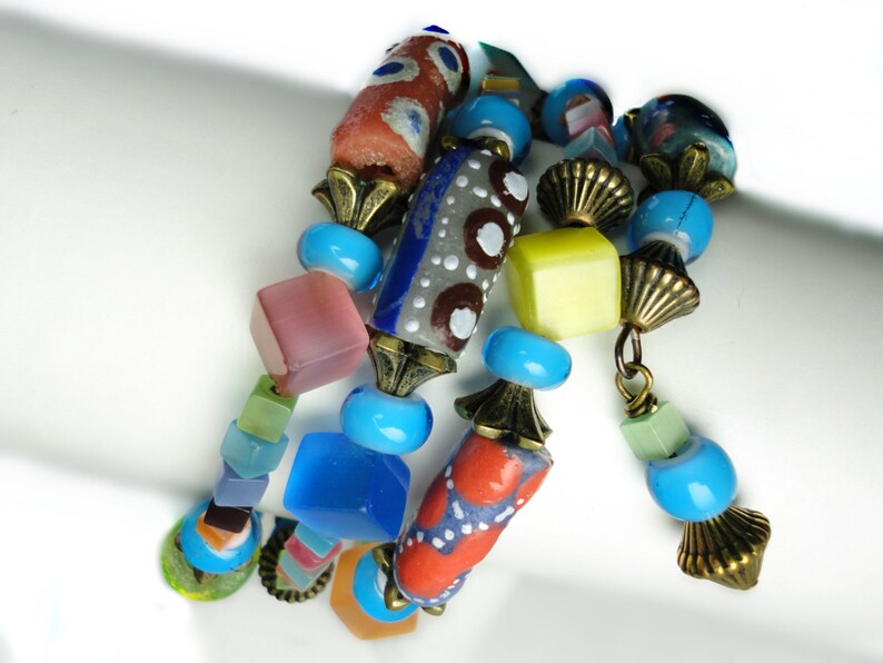 African Fancy Eye Twister 3 Layer Wrap Bracelet With Handmade African Krobo Trade Beads image 3