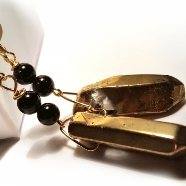 Gold Titanium Quartz Flame Aura Crystal and Obsidian Earrings