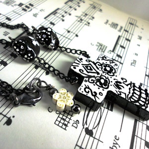 Black and White - Día de los Muertos Sugar Skull Cross Pendant Necklace - Day of the Dead - Hand Painted Wearable Art
